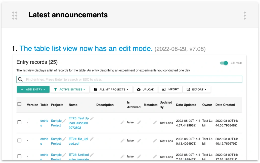 Latest Announcements dashboard widget