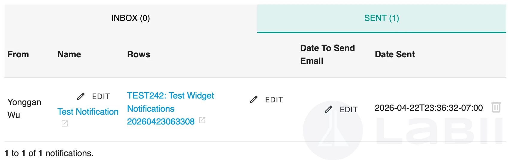 Notifications 小插件的只读视图，显示 Inbox 和 Sent 标签页
