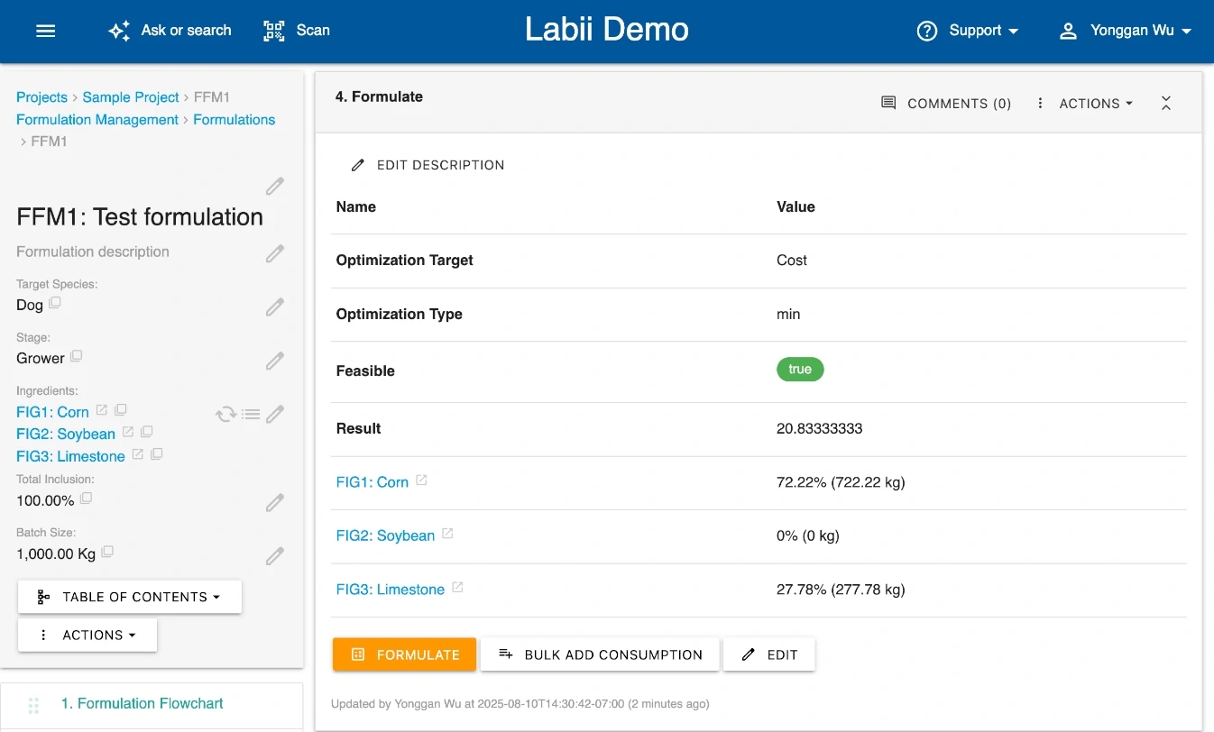 Formulation Management overview in Labii